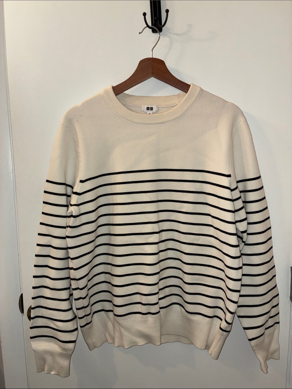 Uniqlo Cream Crewneck Sweater with Black Stripes